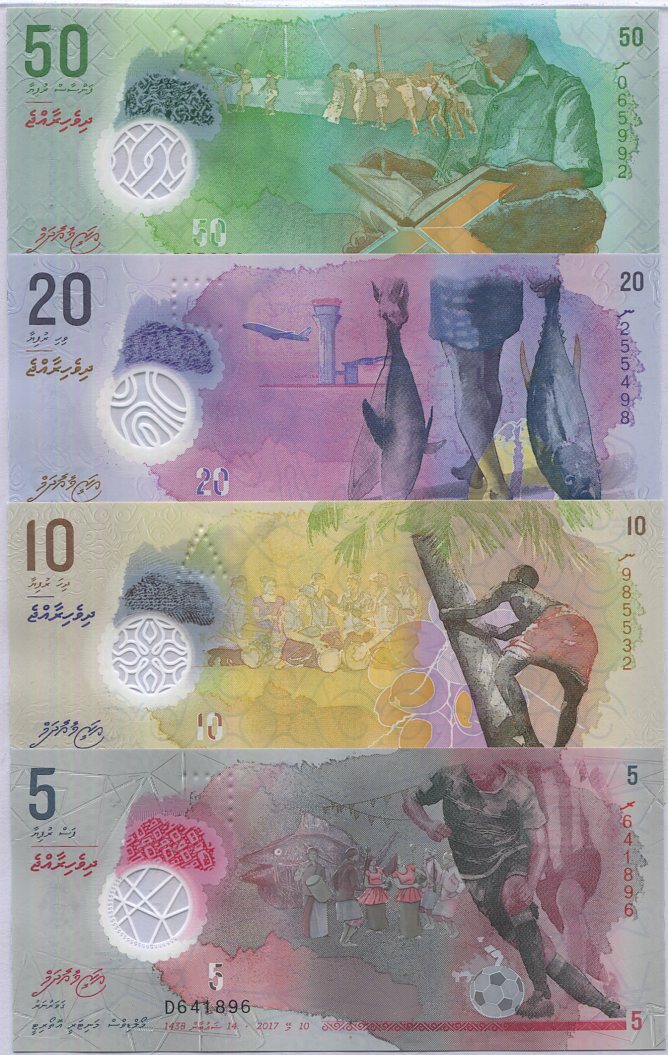 Maldives Set 4 UNC 5 10 20 50 Rufiyaa Mixed Year 2015-2025 Polymer P A26 26 -30