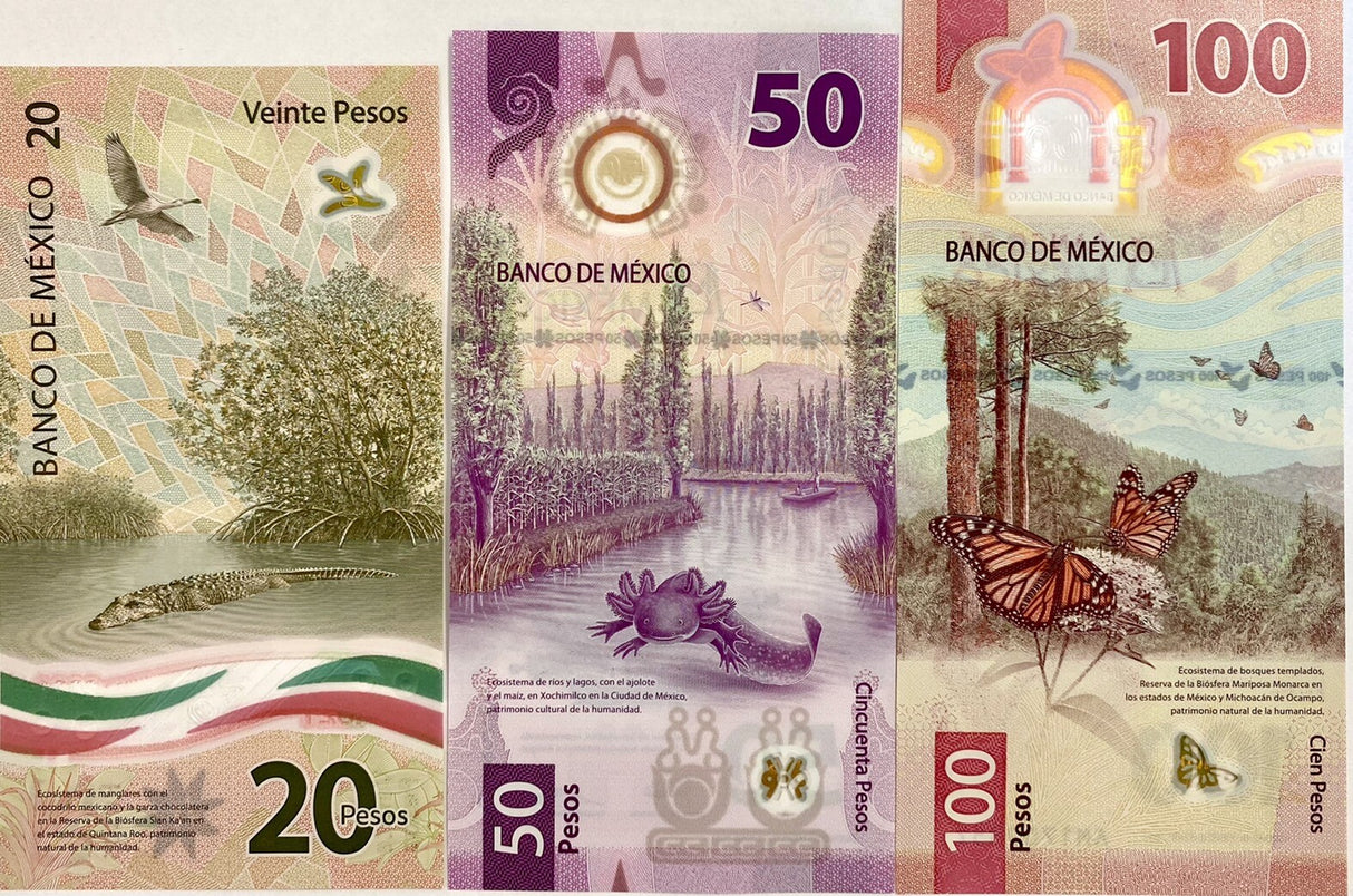 Mexico set 3 Pcs 20 50 100 Mixed Years Prefix & Sign. Polymer P 131 132 133 UNC