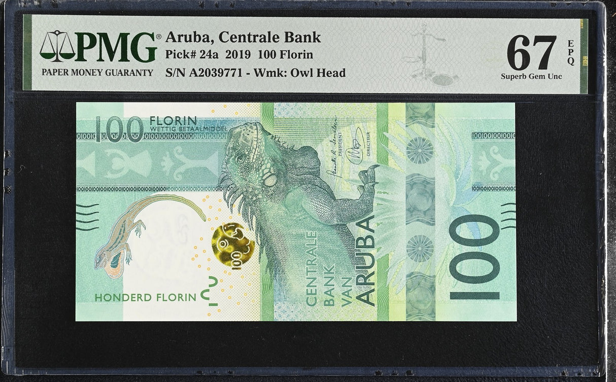 Aruba 100 Florins 2019 P 24 a Iguana verde Superb Gem UNC PMG 67 EPQ
