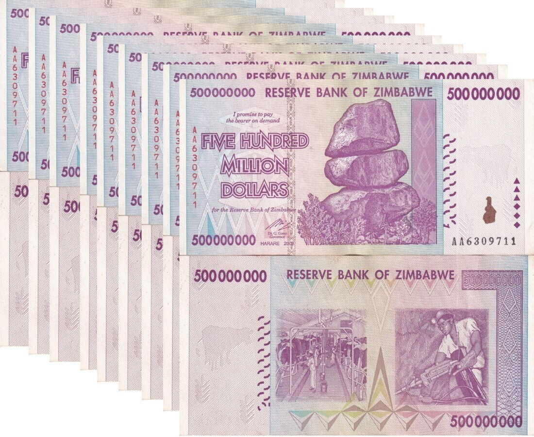 Zimbabwe 500 Million Dollars 2008 P 82 XF LOT 10 PCS XF