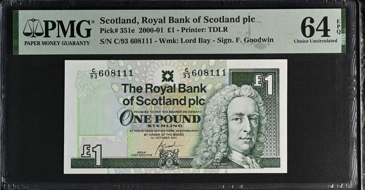 Scotland 1 Pound 2001 P 351 e Choice UNC PMG 64 EPQ