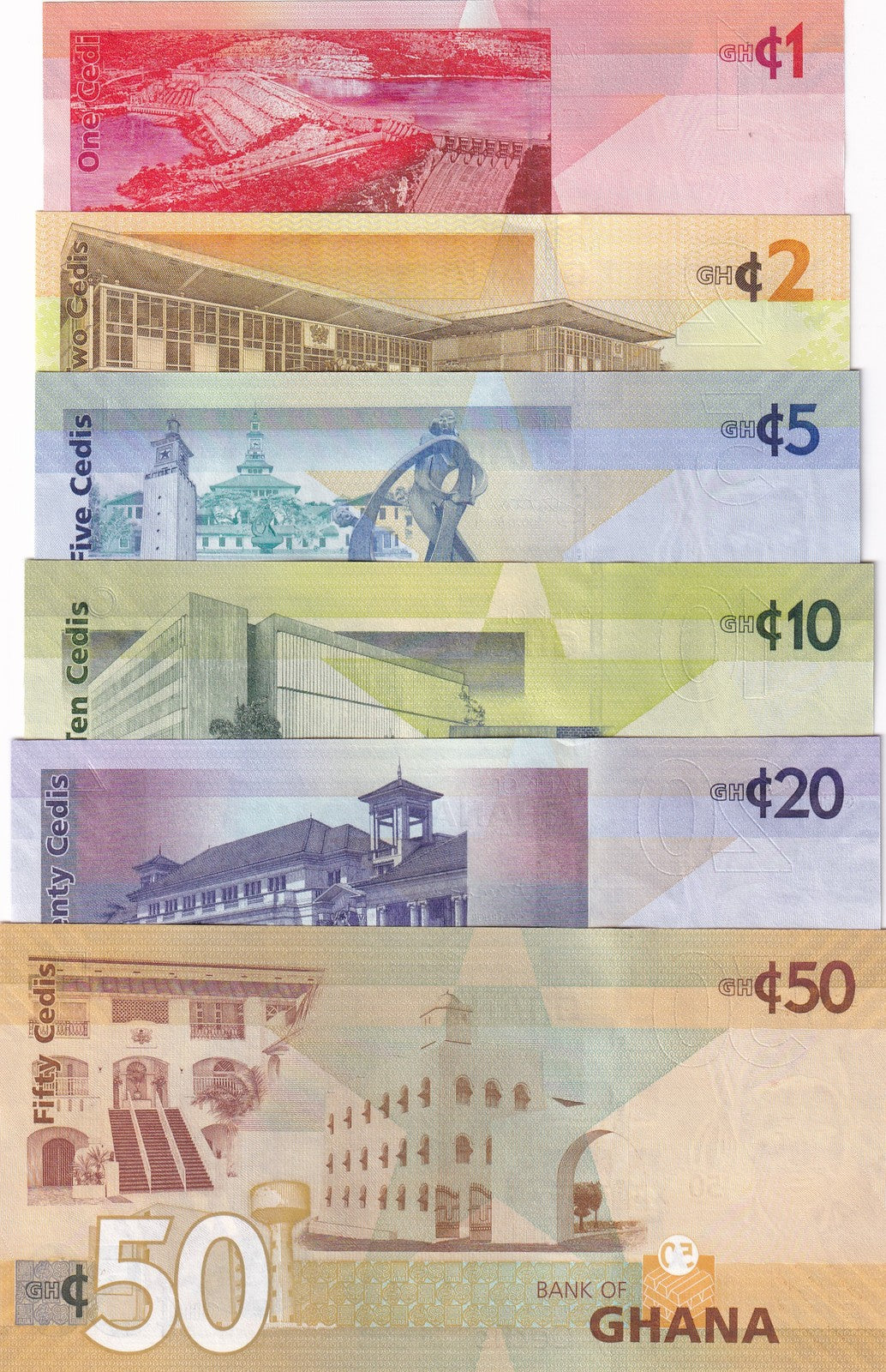 Ghana Set 6 UNC 1 2 5 10 20 50 Cedis Mixed Years P 37 37A 38 39 40 41