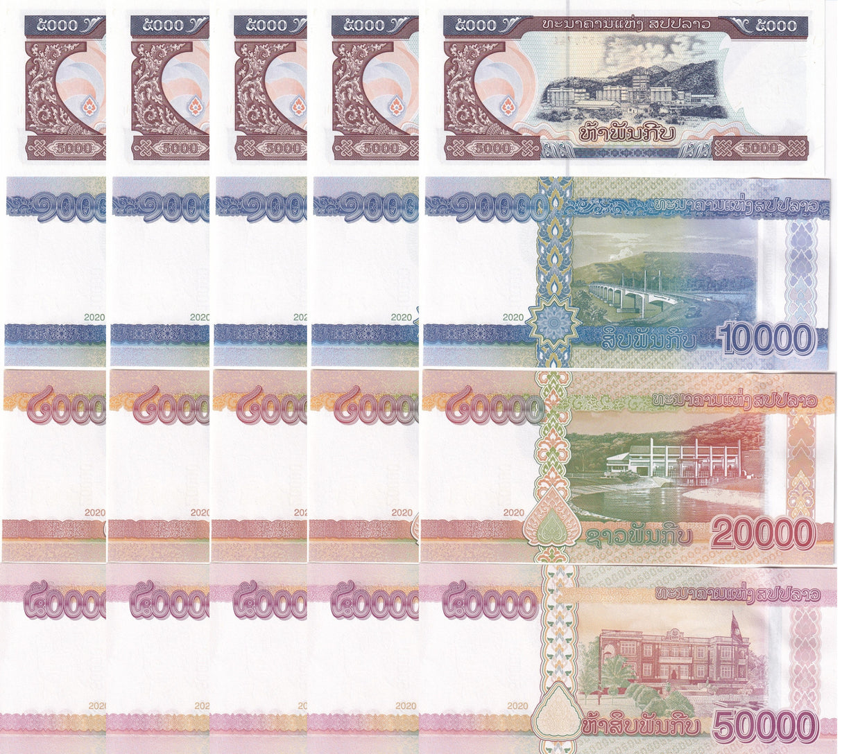 Laos Set 4 X LOT 5 =20 UNC 5000 10000 20000 50000 Kip 2020/ 2022 P 41Aa-41Da