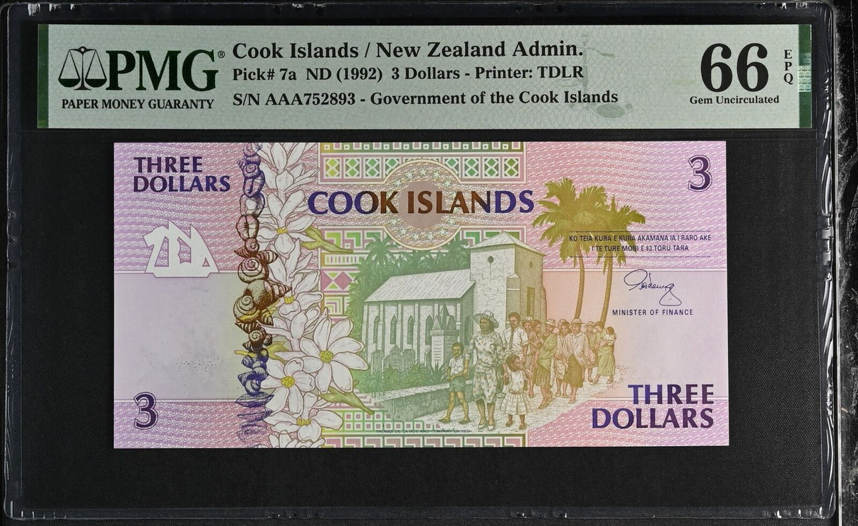 Cook Islands 3 Dollars ND 1992 P 7 a Prefix AAA Gem UNC PMG 66 EPQ