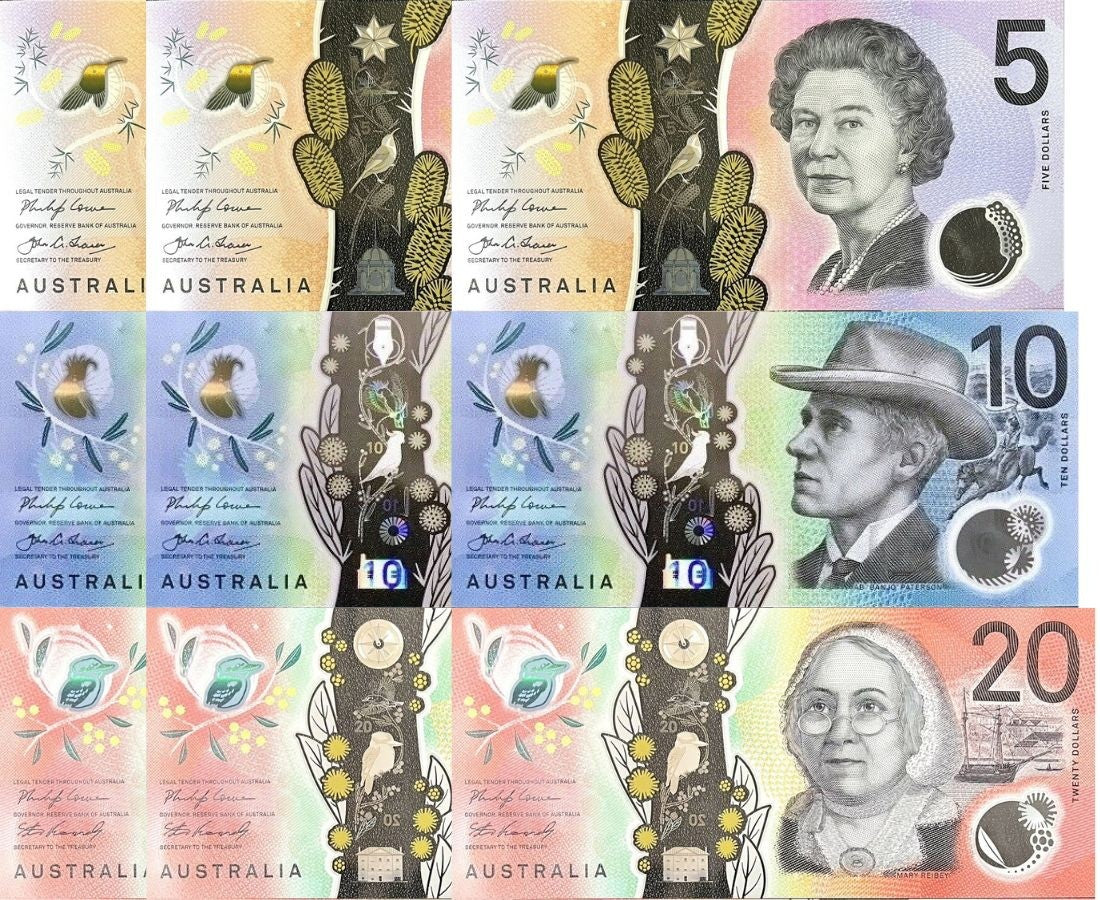 Australia Set 3 X LOT 3 = 9 UNC 5 10 20 Dollars P 62 P 63 P 64 2016-2021 Polymer