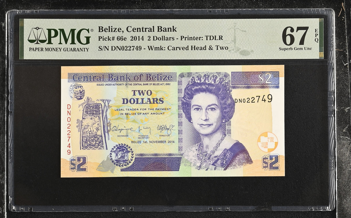 Belize 2 Dollars 2014 P 66 e Superb Gem UNC PMG 67 EPQ