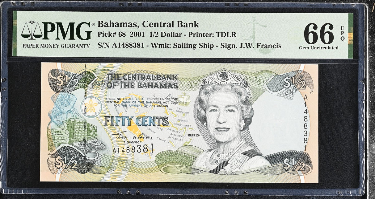 Bahamas 1/2 Dollars 2001 P 68 Gem UNC PMG 66 EPQ