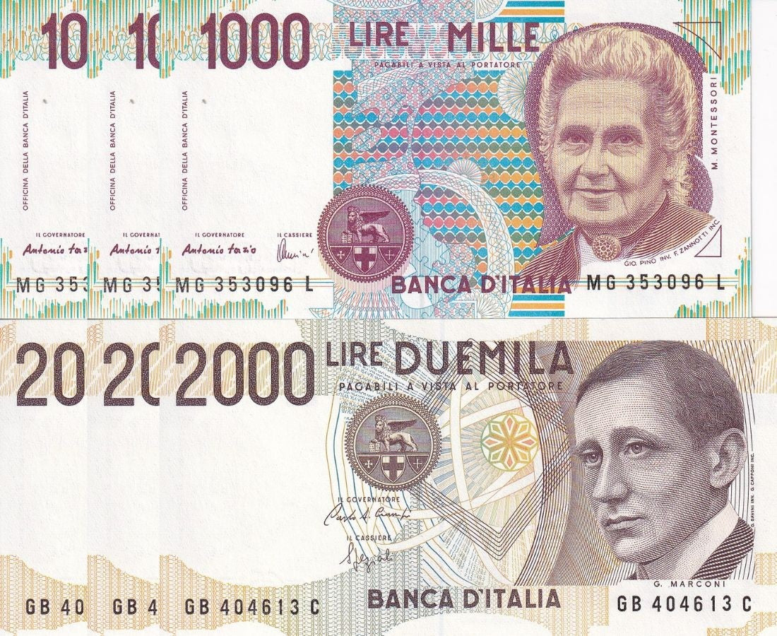 Italy Set 2 x Lot 3 = 6 UNC 1000 2000 Lire Random SIGN P 114 115