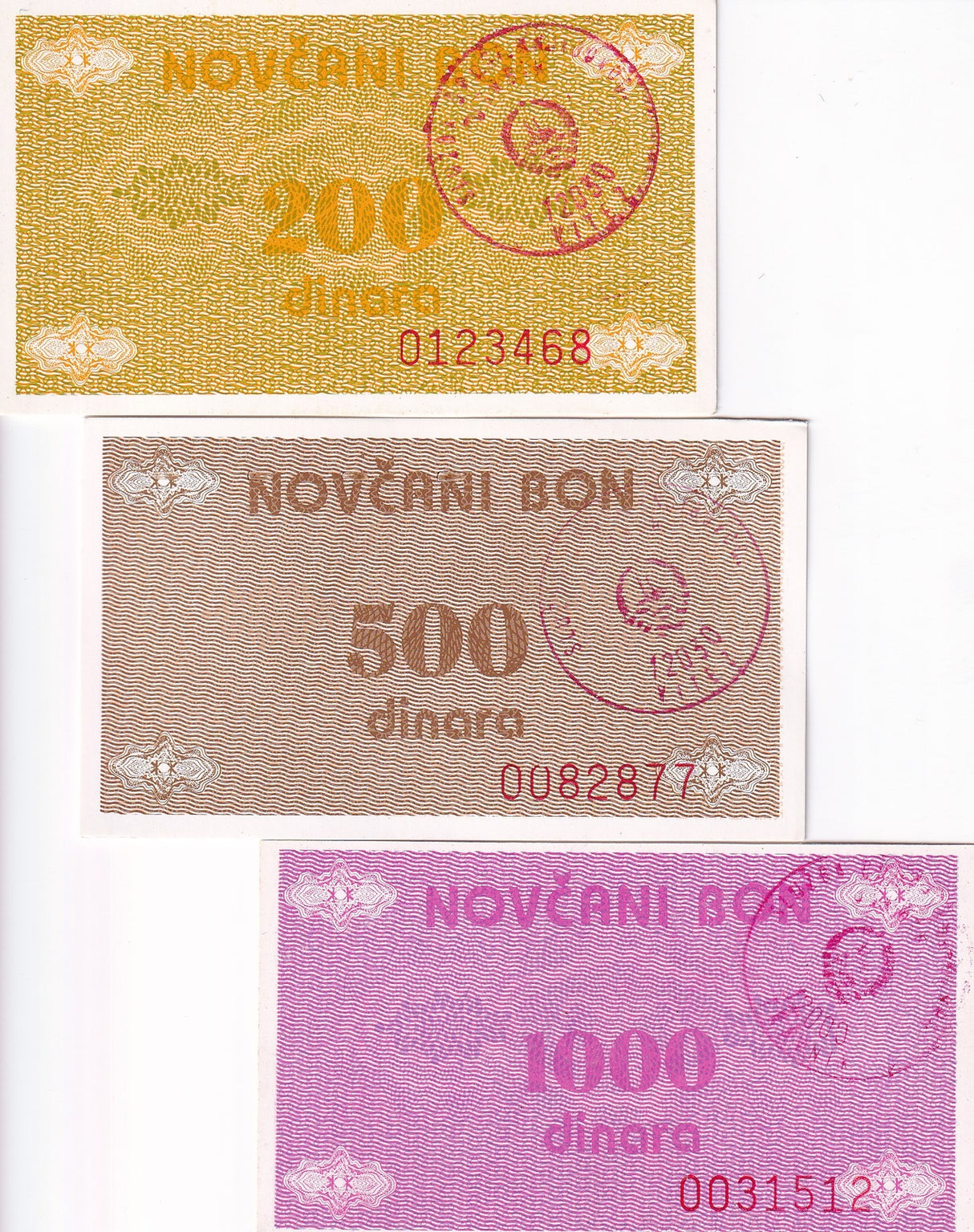 Bosnia & Herzegovina Set 3 Pcs 200 500 1000 Dinara ND 1992 P 48 49 50 UNC