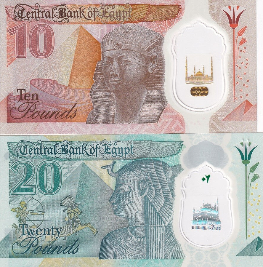 Egypt SET 2 UNC 10 20 Pounds 2022-2023 Polymer Mixed Dates P 81 82