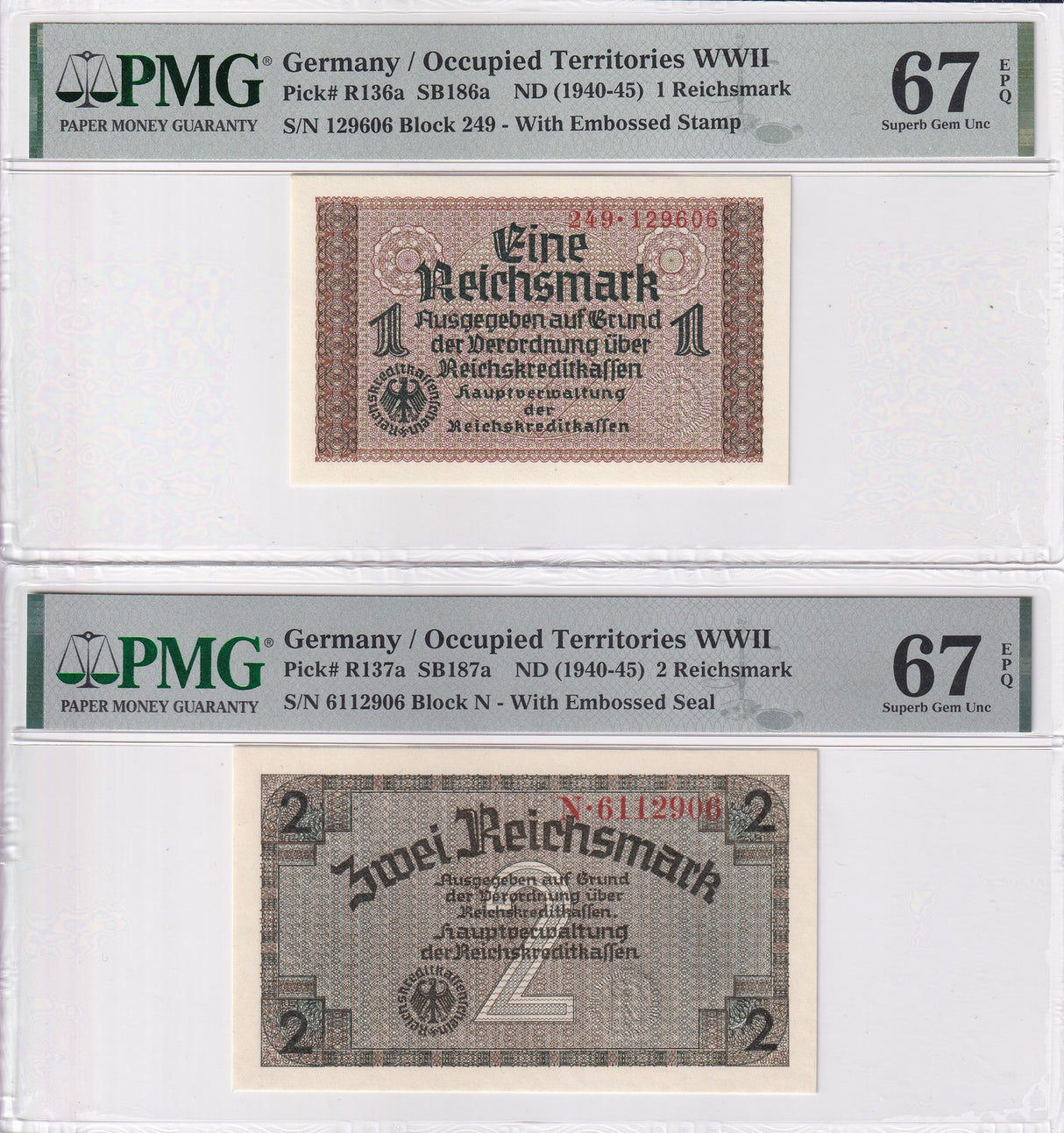 Germany SET 2; 1 2 Reichsmark ND 1940 P R136 P R137 Superb Gem UNC PMG 67 EPQ