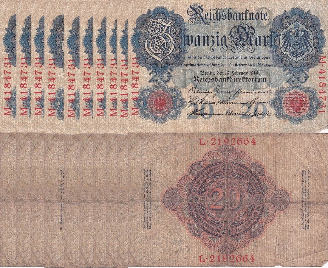 GERMANY 20 Reichsbanknote Mark 1914 P 46 USED / CIRCULATED LOT 10 PCS