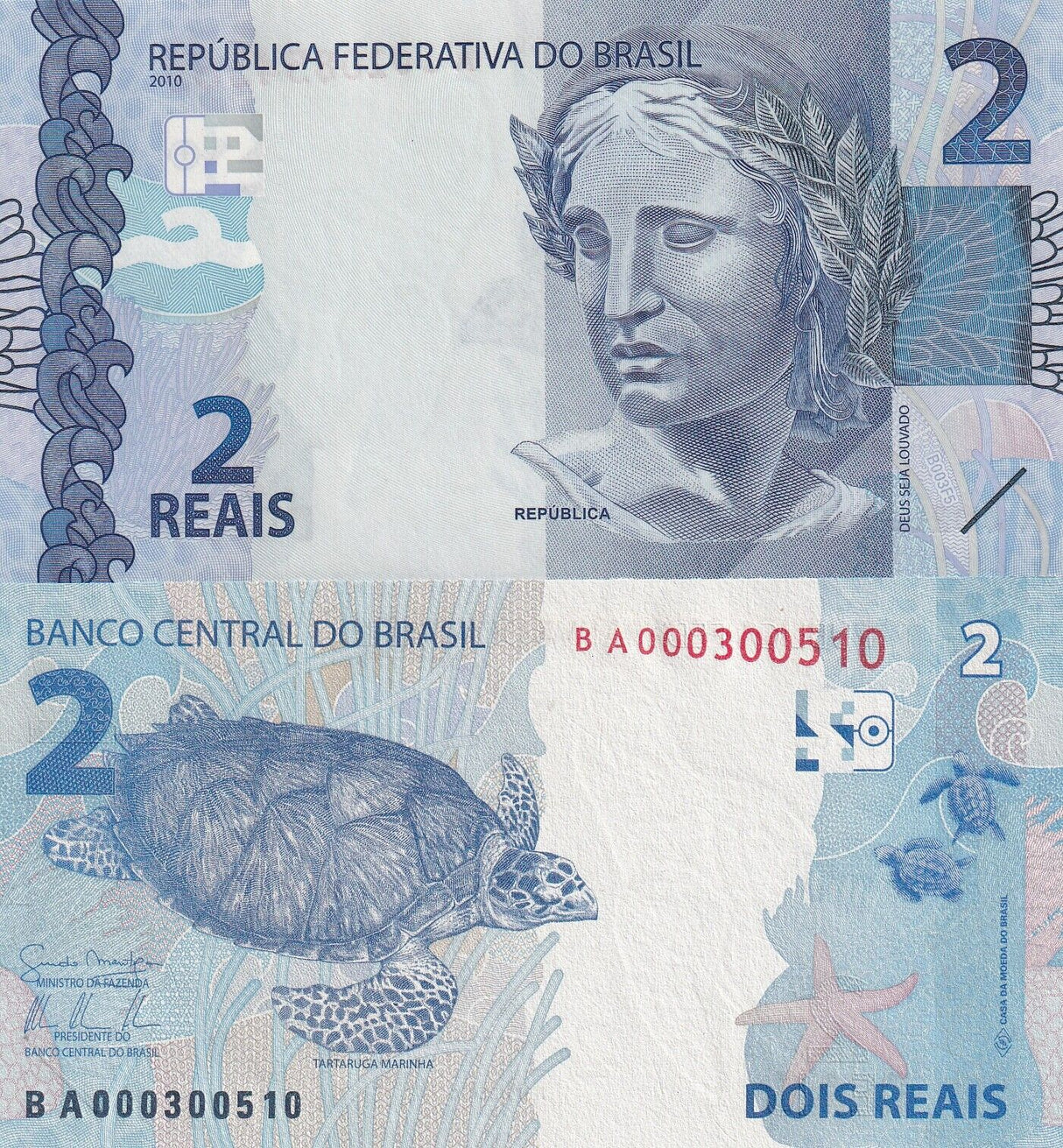 Brazil 2 Reais 2010 P 252 a Guido Mantega & Alexandre Antonio Tombini UNC