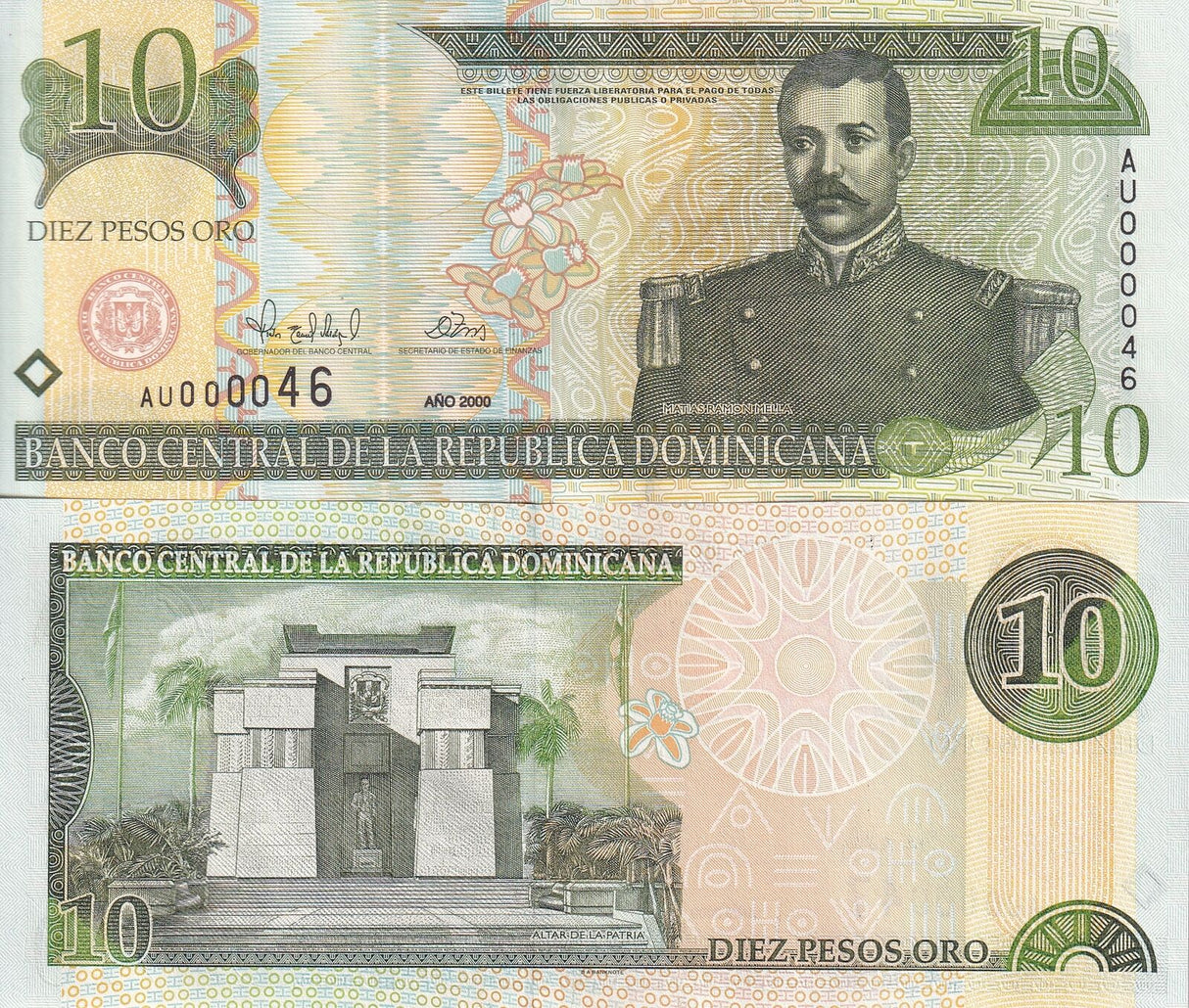 Dominican Republic 10 PESOS 2000 Low serial # 2 Digit P 159 UNC