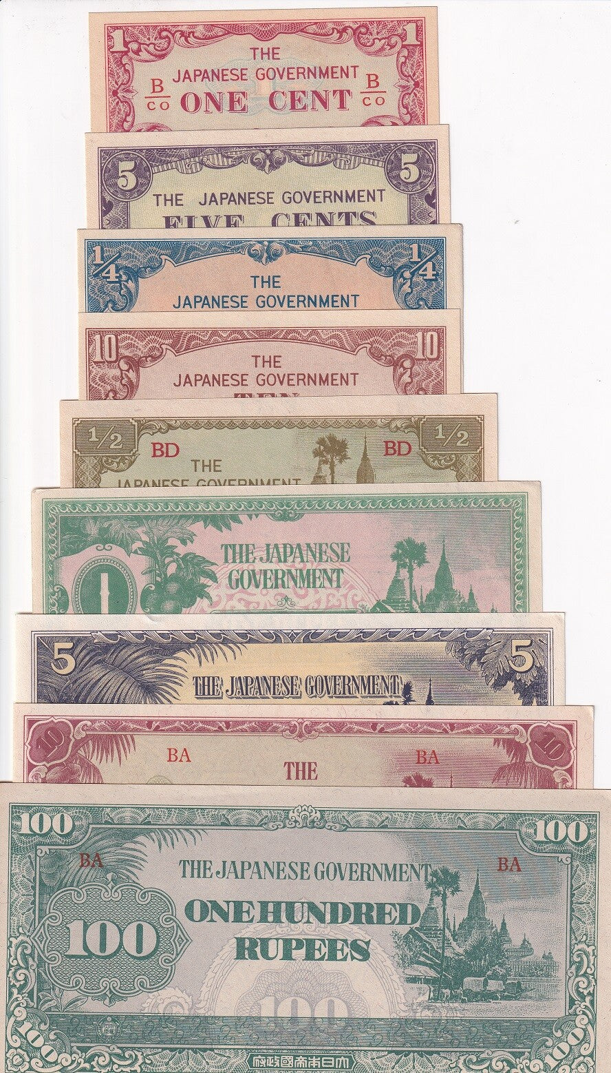 Burma Japanese Set 9 PCS 1 5 10 Cent 1/4 1/2 1 5 10 100 Rupees 1944 AUnc
