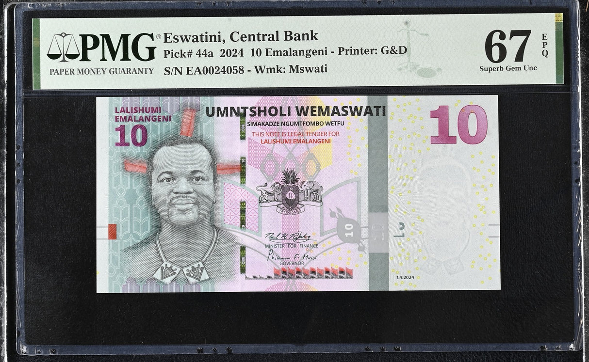 Eswatini 10 Emalangeni Swaziland 2024 P 44 a Superb Gem UNC PMG 67 EPQ