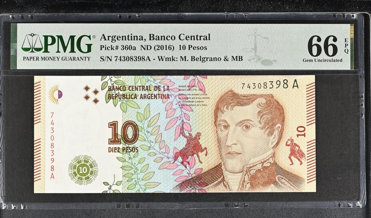 Argentina 10 Pesos ND 2016 P 360 a Gem UNC PMG 66 EPQ