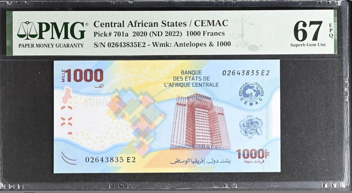 Central African States 1000 Francs 2020 ND 2022 P 701a Superb Gem UNC PMG 67 EPQ