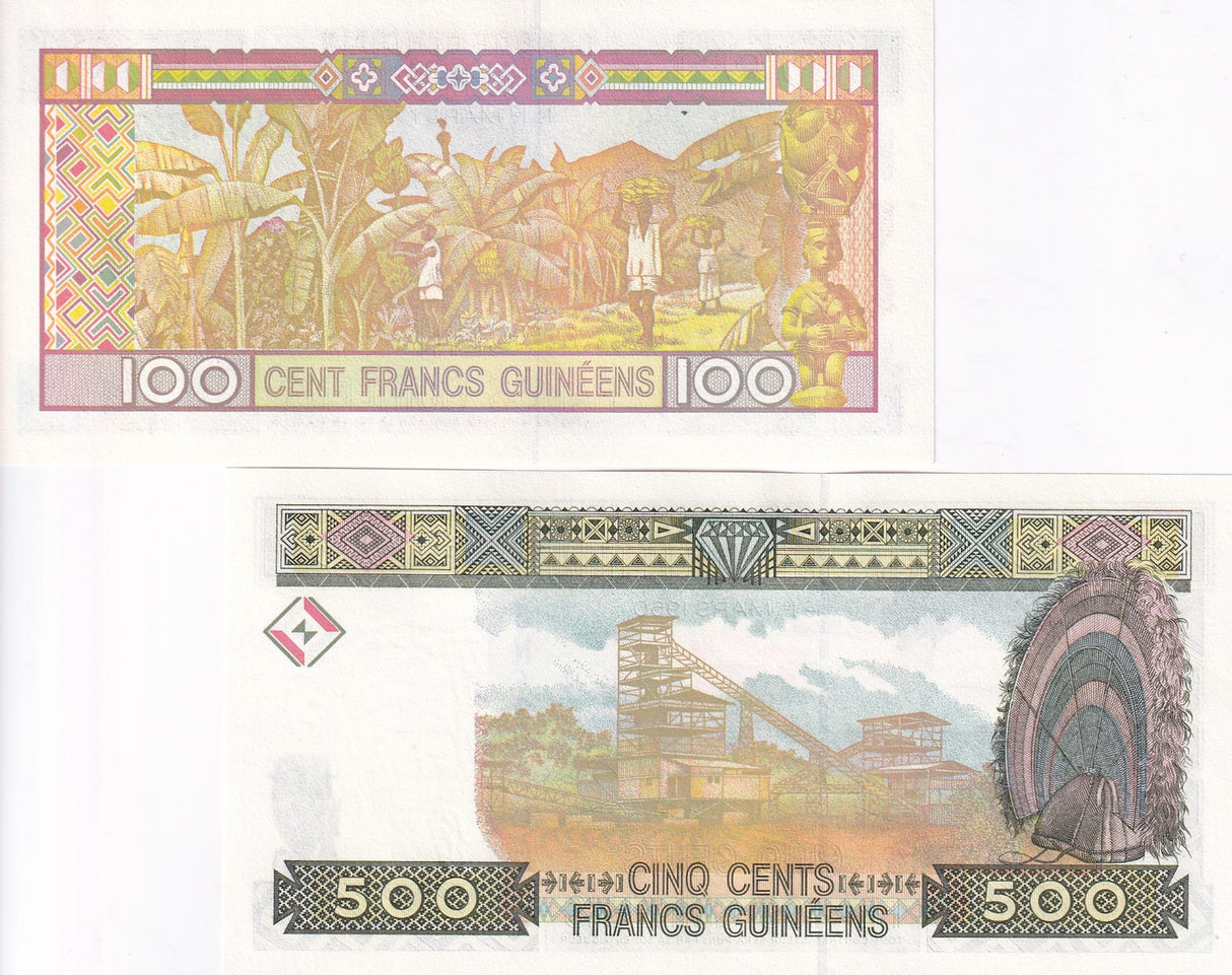 Guinea Set 2 PCS 100 500 Francs 1998 P 35 P 36 UNC