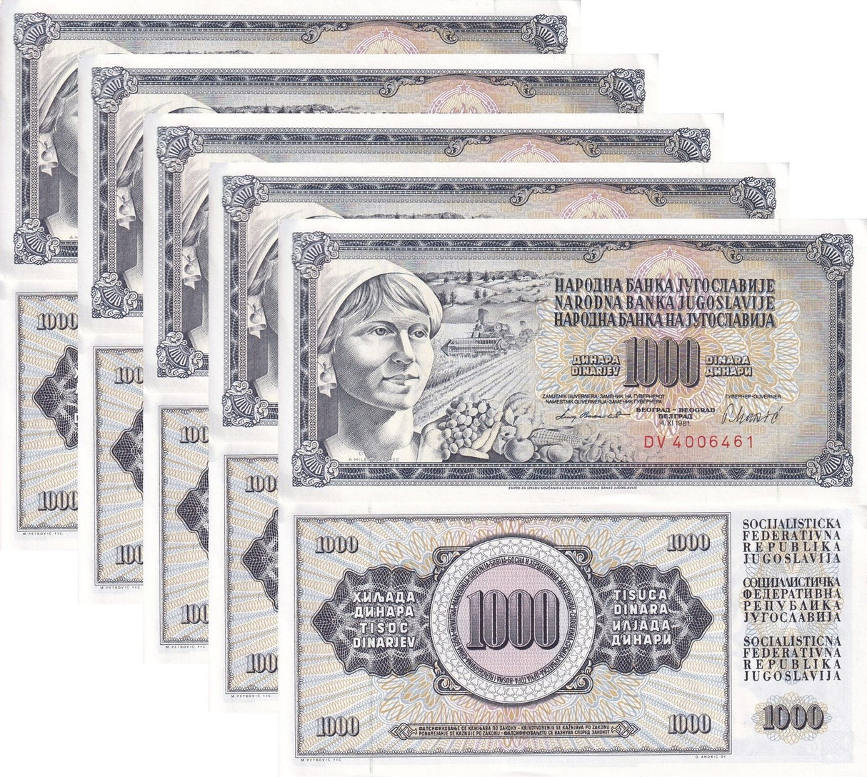Yugoslavia 1000 Dinara 1981 P 92 UNC LOT 5 PCS