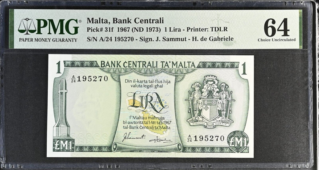 Malta 1 Lira 1967 ND 1973 P 31 f Choice UNC PMG 64