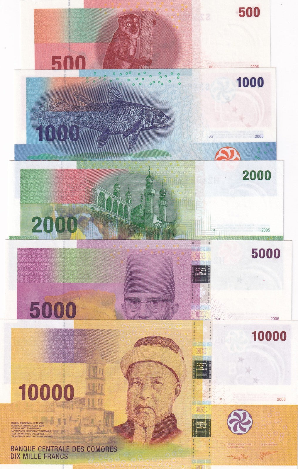 Comoros Set 5 UNC 500 1000 2000 5000 10000 Francs 2006/2020 P 15 16 17 18 19