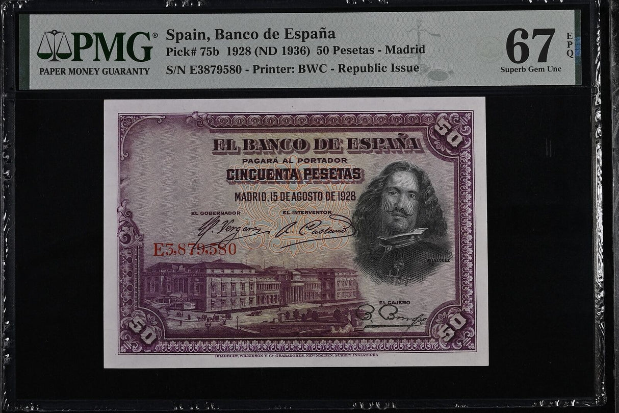 Spain 50 Pesetas 1928 ND 1936 P 75 b Superb Gem UNC PMG 67 EPQ