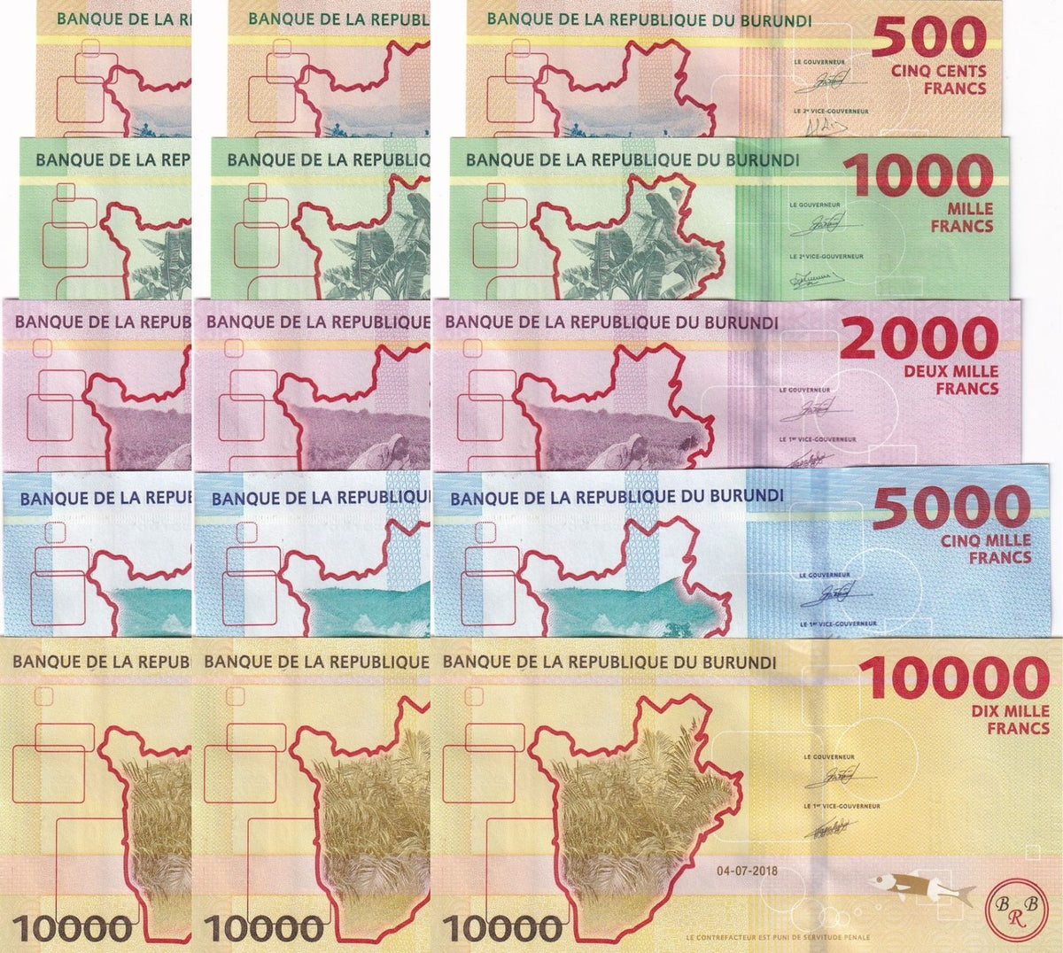 Burundi Set 5 X LOT 3 = 15 UNC 500 1000 2000 - 10000 Francs 2018-2021 P 50-53 54