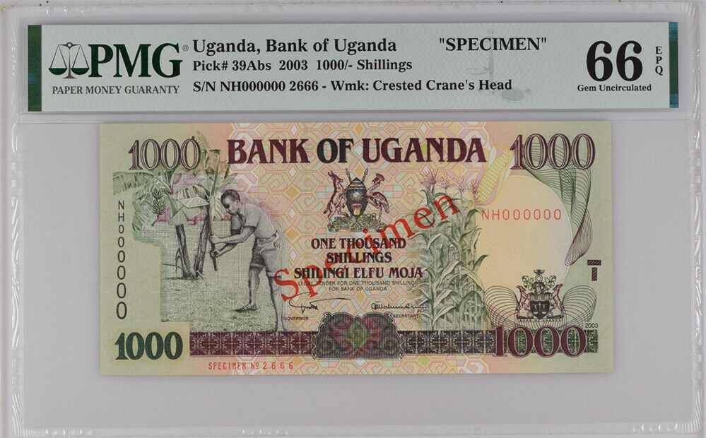 Uganda 1000 Shillings 2003 P 39Abs Specimen Gem UNC PMG 66 EPQ