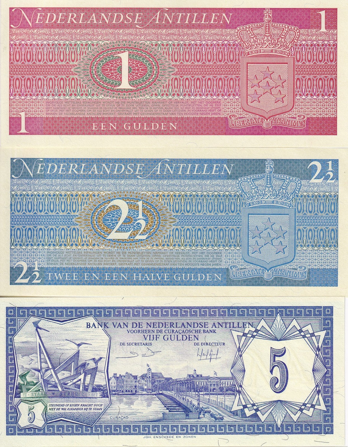 Netherlands Antilles Set 3 PCS 1 2 1/2 5 Gulden 1970 1984 P 15 20 P 21 UNC