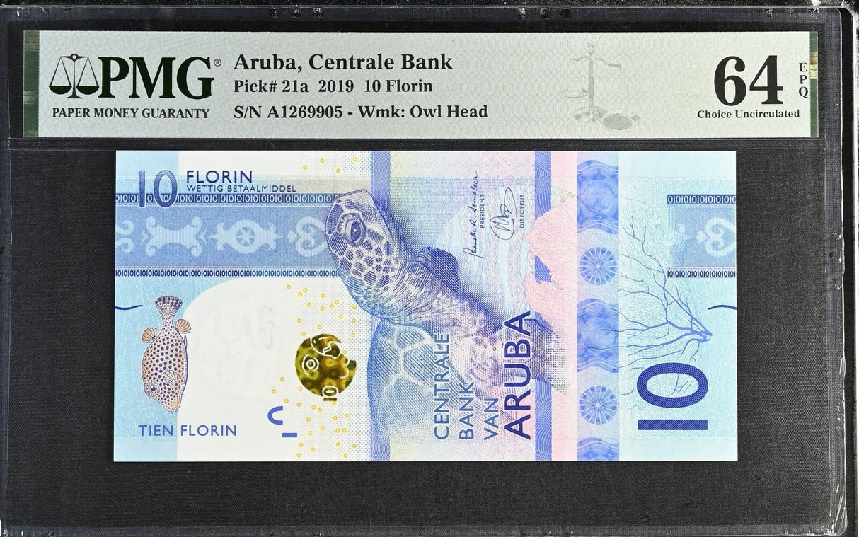 Aruba 10 Florins 2019 P 21 a Turtle Choice UNC PMG 64 EPQ