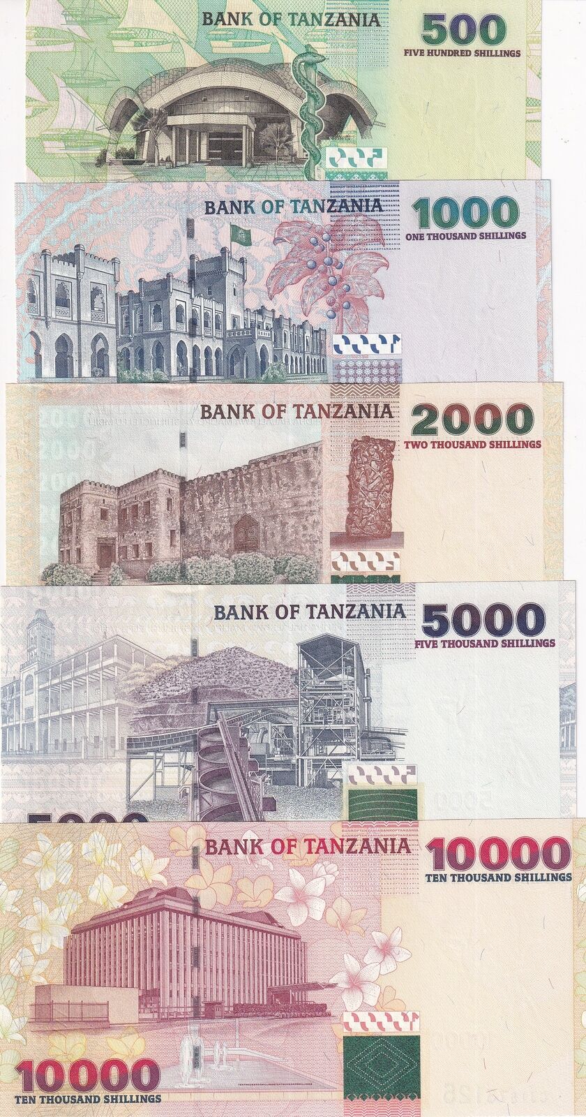 Tanzania Set 5 UNC 500 1000 2000 5000 10000 Shillings ND 2003 P 35 36 -P 39 UNC