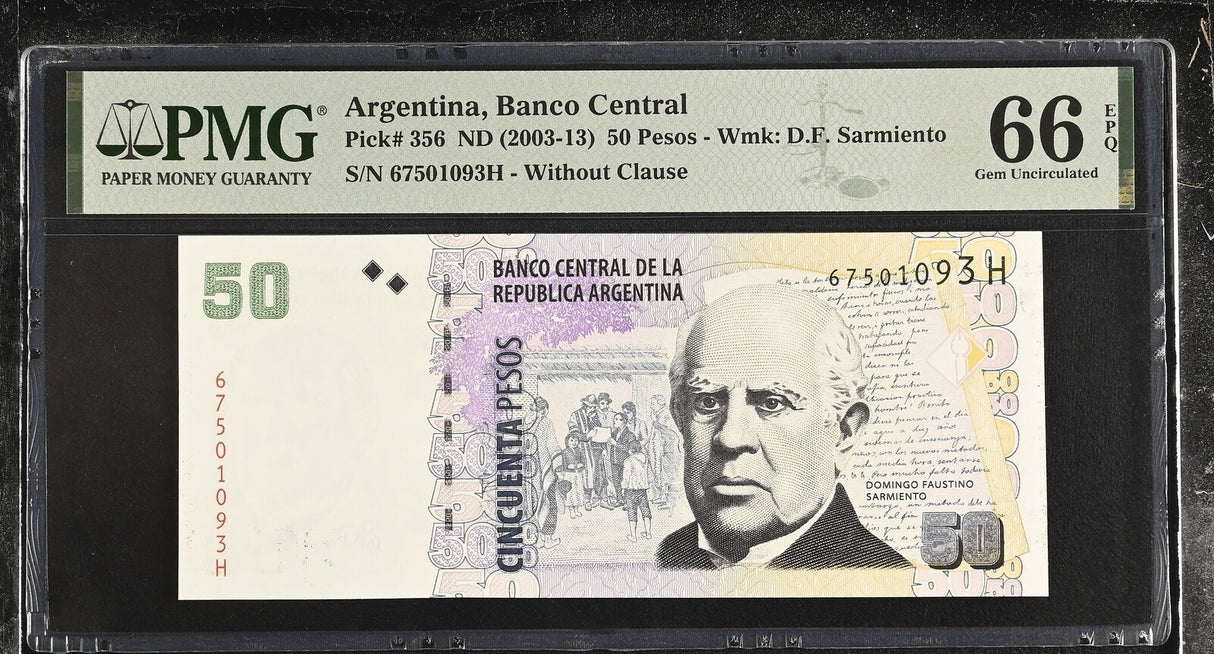 Argentina 50 Pesos ND 2003-2013 P 356 Gem UNC PMG 66 EPQ