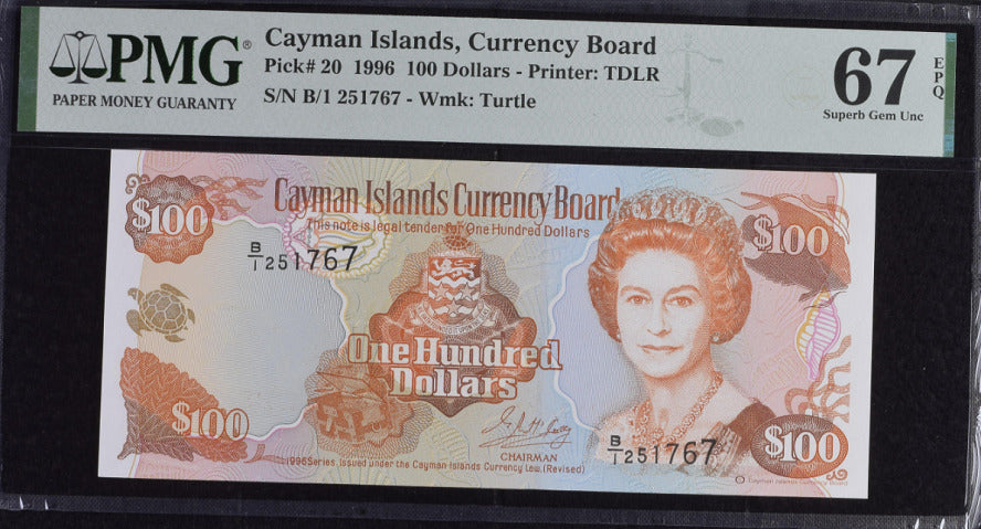Cayman Islands 100 Dollars 1996 P 20 B/1 Prefix Superb Gem UNC PMG 67 EPQ
