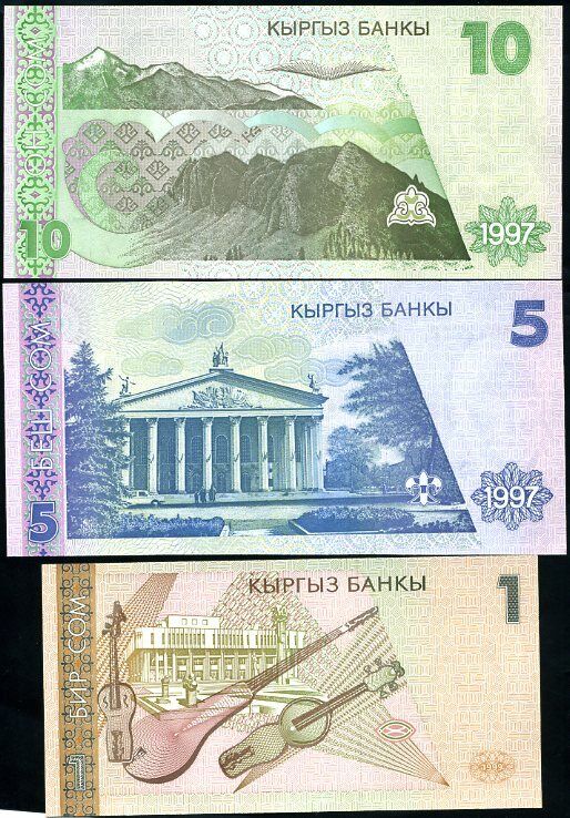 Kyrgyzstan Set 3 Pcs 1 5 10 Som 1997 - 1999 P 13 14 15 UNC