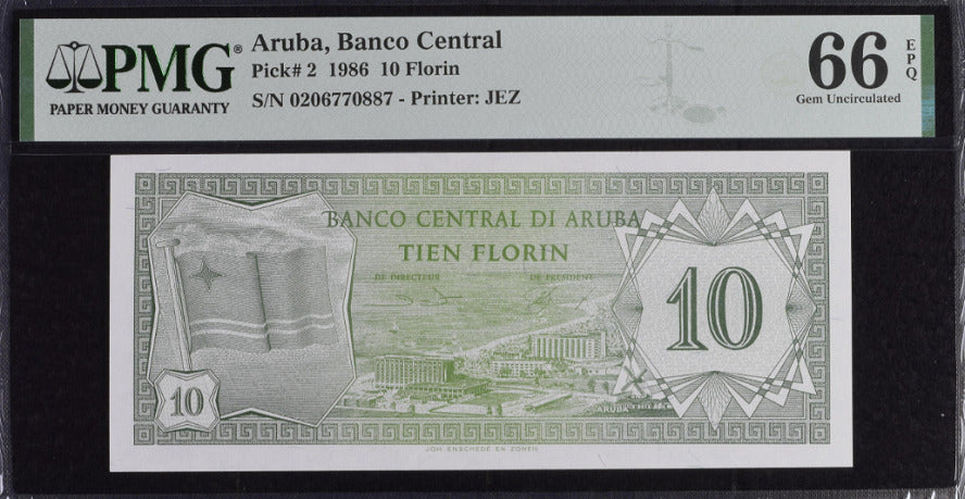 Aruba 10 Florin 1986 P 2 a Gem UNC PMG 66 EPQ