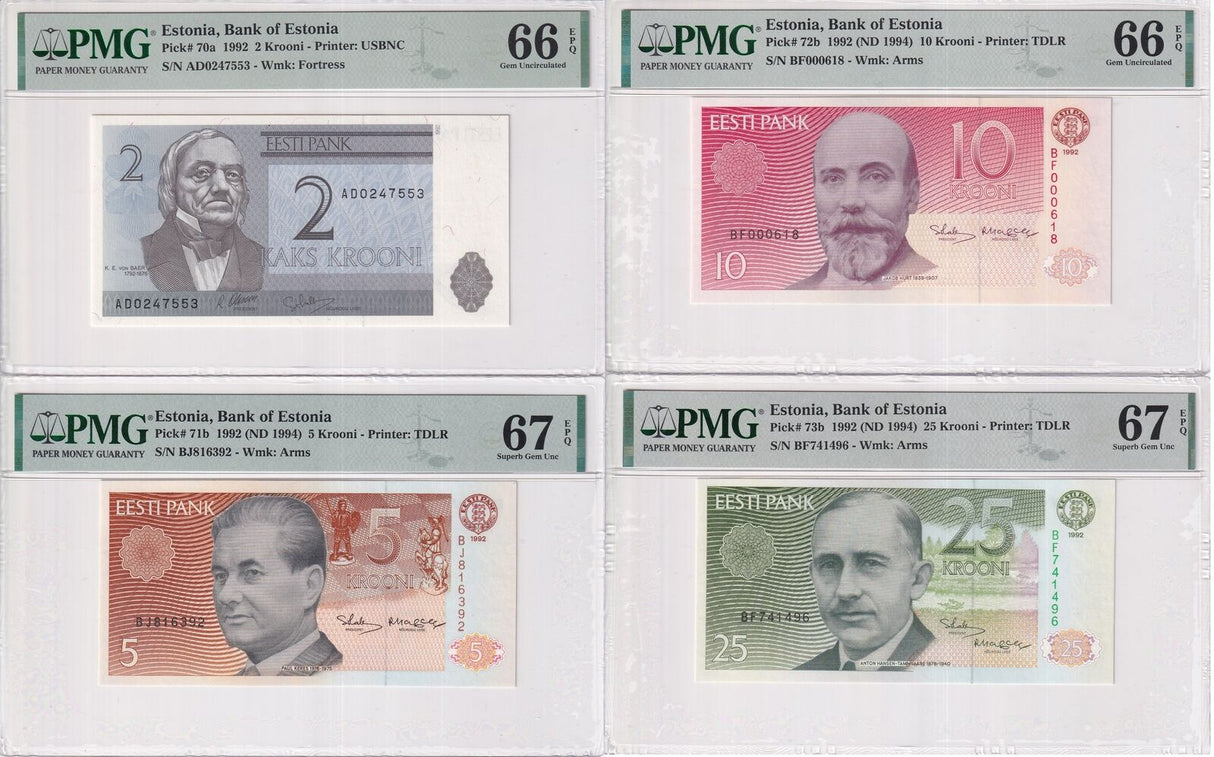 Estonia Set 4; 2 5 10 25 Krooni 1994 P 70 -P 73 Superb Gem UNC PMG 66 67 EPQ