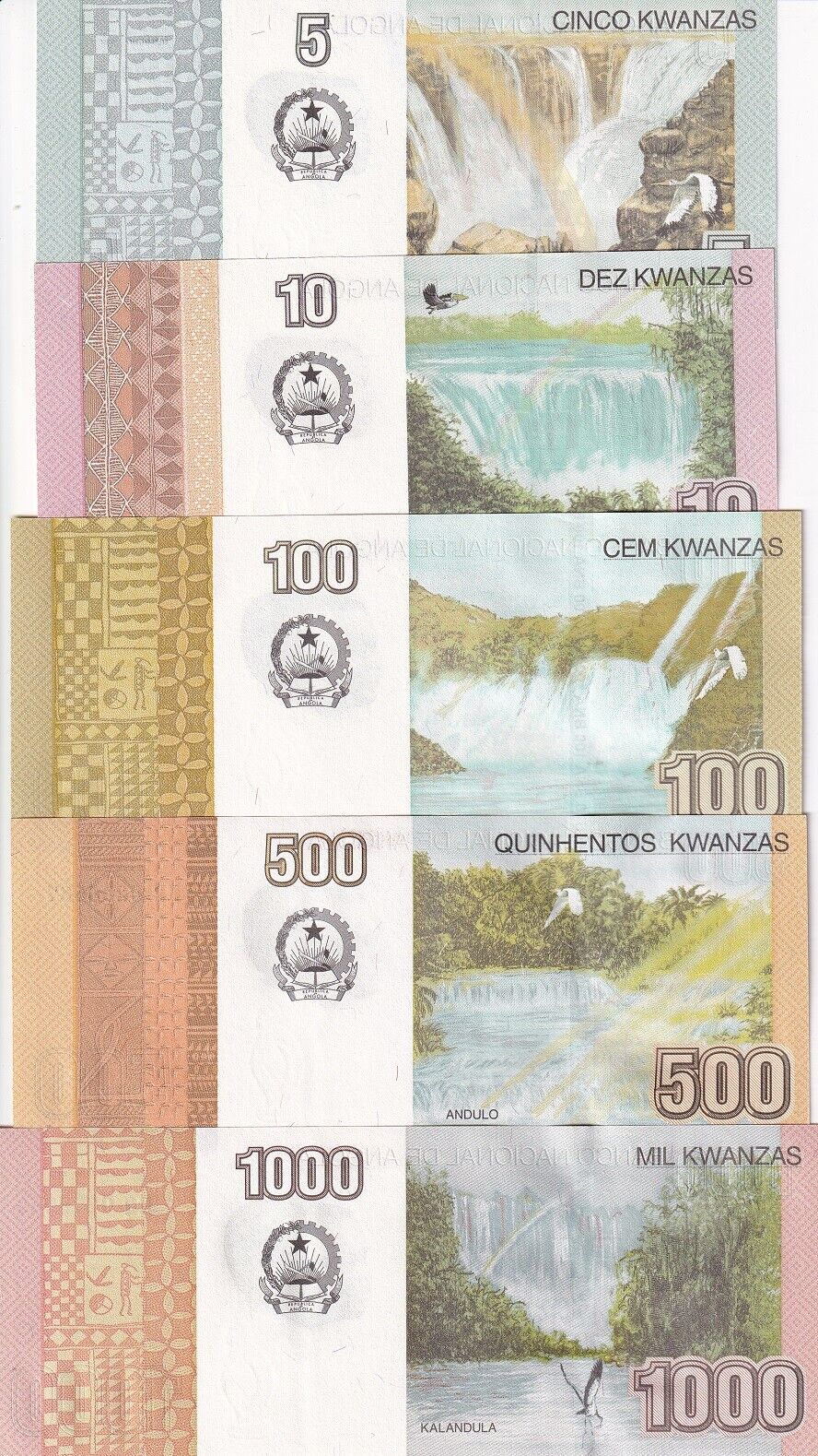 Angola Set 5 UNC 5 10 100 500 1000 Kwanzas Random Date P 151A 151B 153 155 156