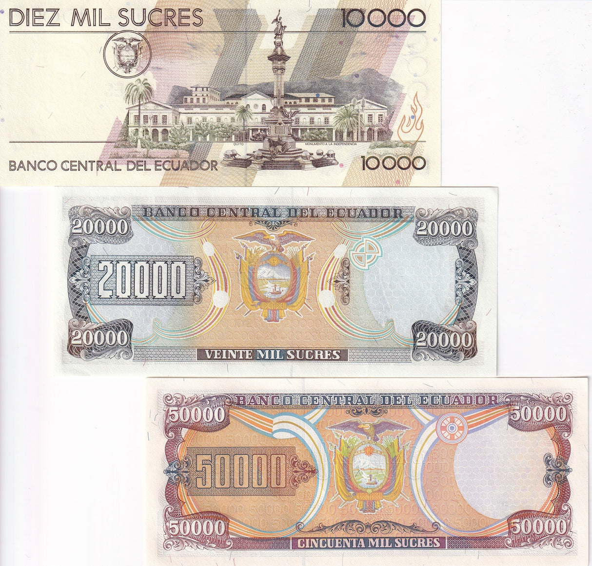 Ecuador Set 3 Pcs 10000 20000 50000 Sucres 1999 P 127 P 129 P 130 UNC