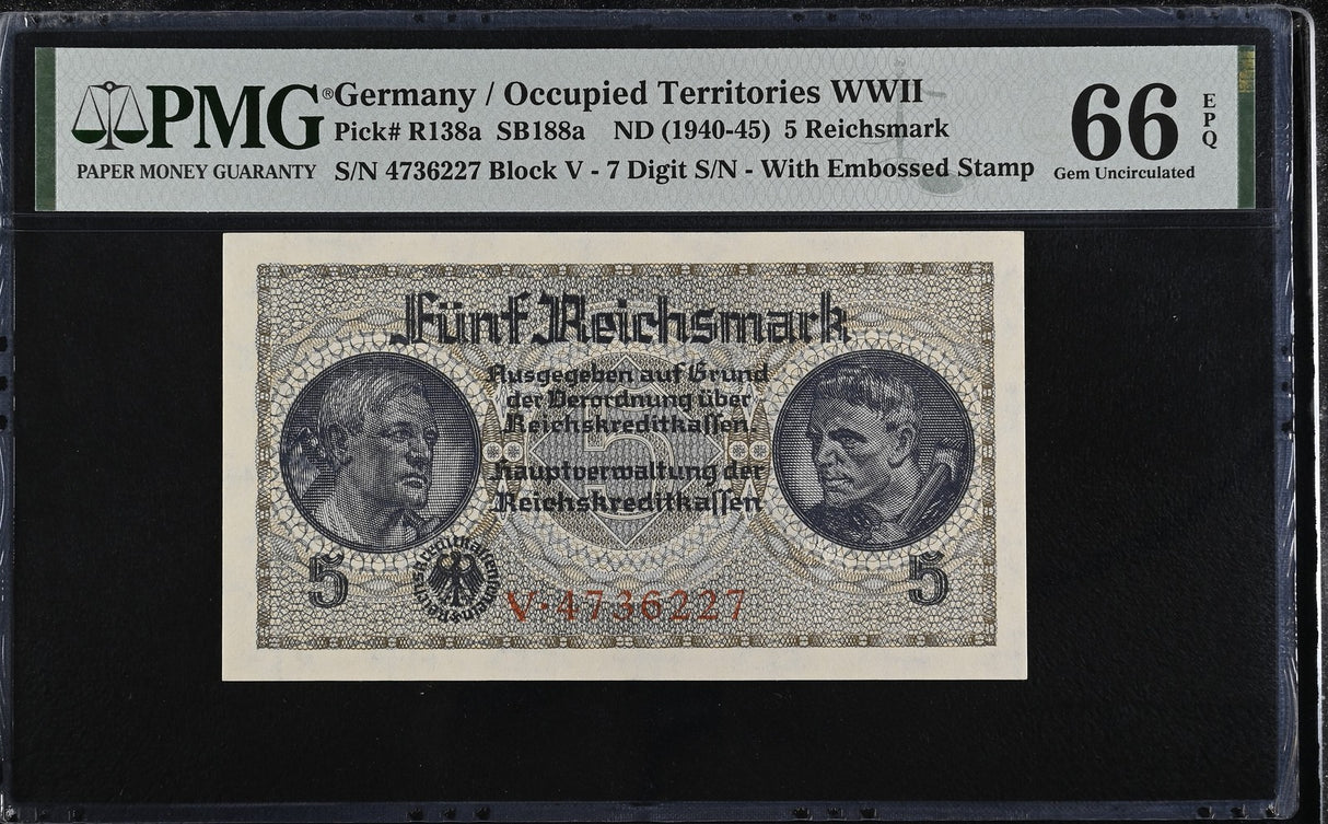 Germany Reichsbank 5 Reichsmark 1940-1945 P R138 a Gem UNC PMG 66 EPQ