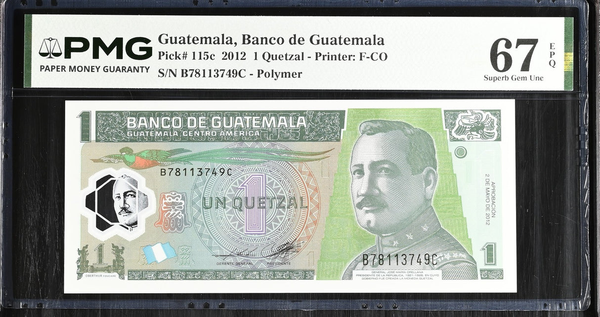 Guatemala 1 Quetzal 2012 P 115 c Polymer Superb Gem UNC PMG 67 EPQ