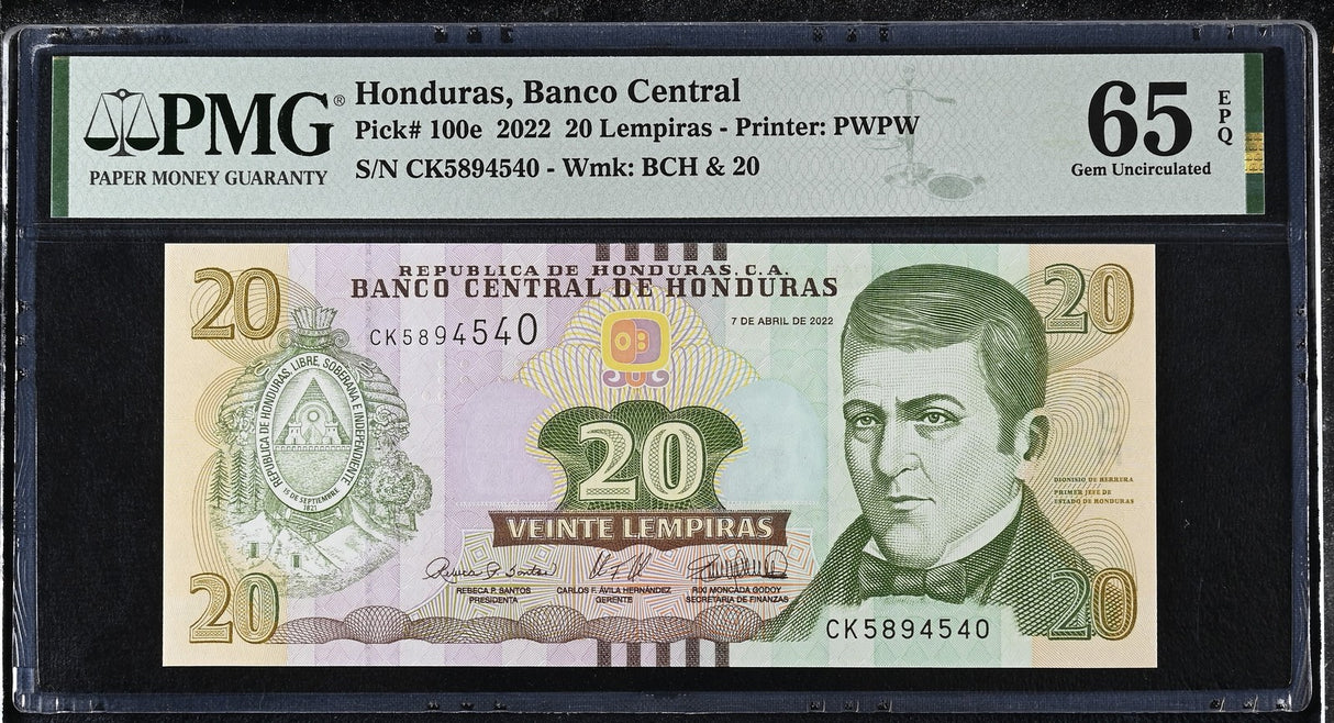 Honduras 20 Lempiras 2022 P 100 e Gem UNC PMG 65 EPQ