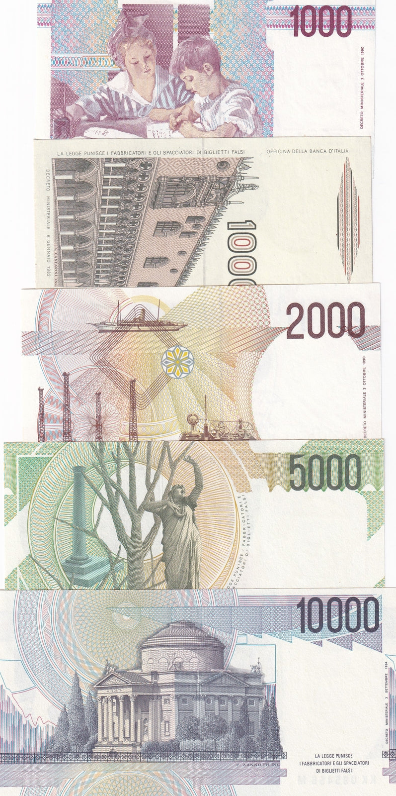 Italy Set 5 UNC 1000 2000 5000 10000 Lire Random Year P 109 111 112 114 115
