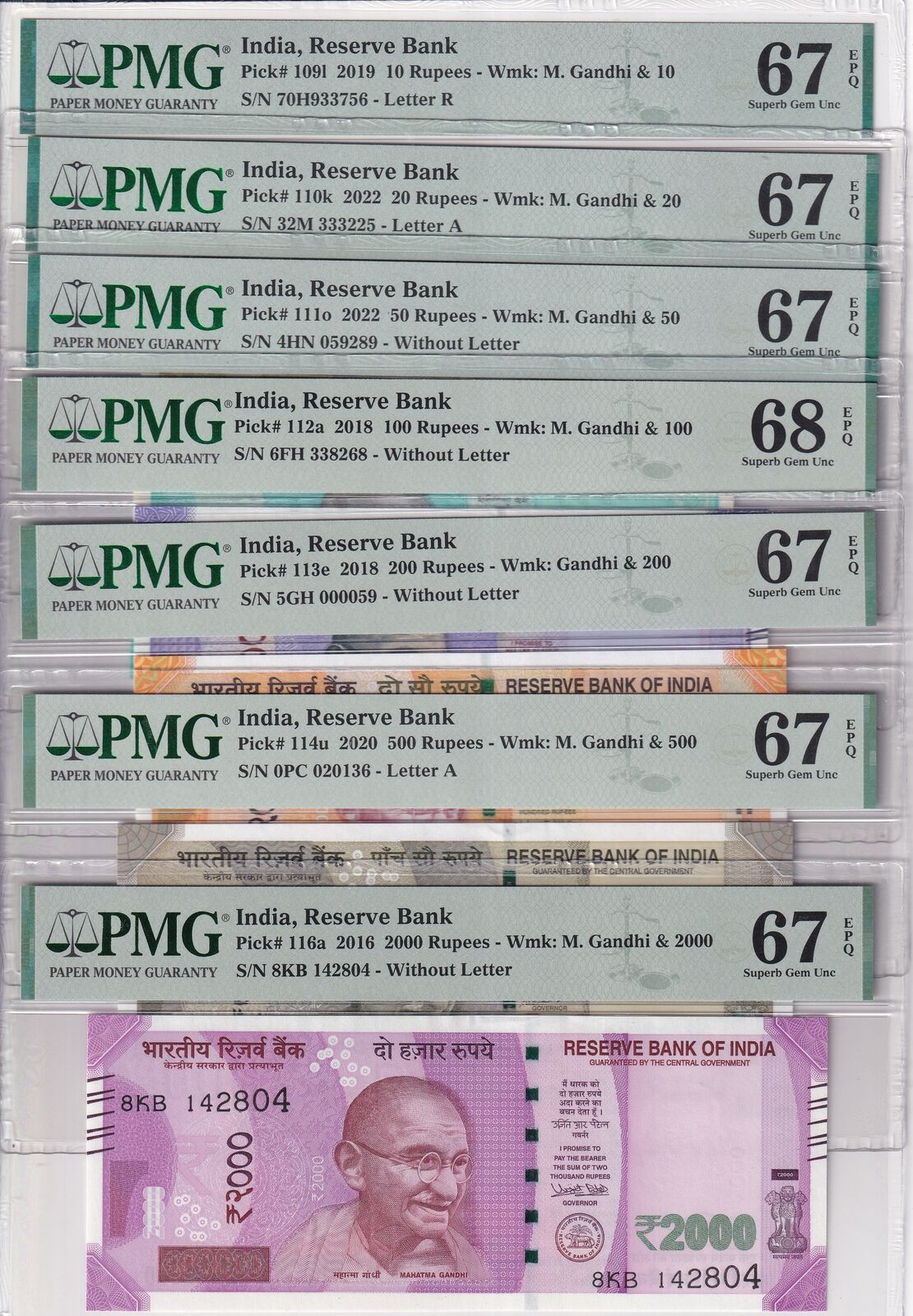 India Set 7; 10 20 50-500 2000 Rupees 2016-22 P109- 116 Superb UNC PMG 67 68 EPQ