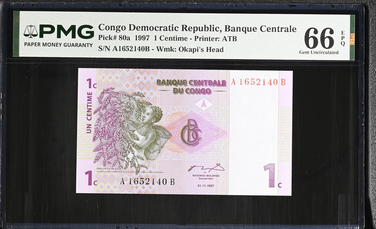 Congo Democratic Republic 1 Centime 1997 P 80 a Gem UNC PMG 66 EPQ