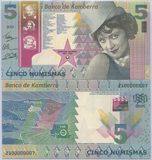 KAMBERRA 5 NUMISMAS 2021 Private FANTASY Marlene Dietrich Hollywood