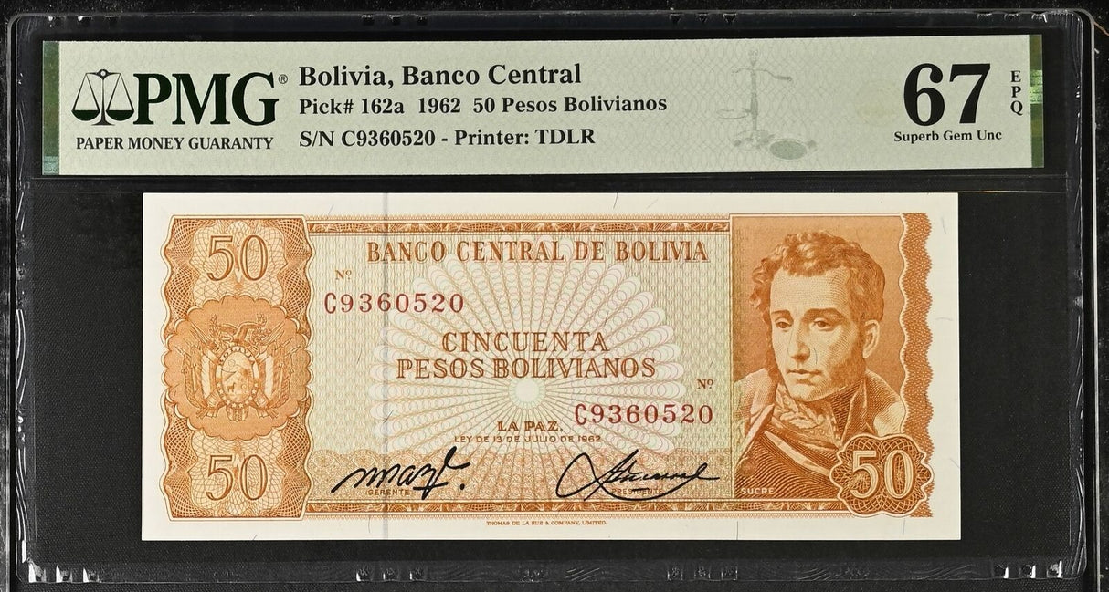 Bolivia 50 Pesos Bolivianos 1962 P 162 a Superb Gem UNC PMG 67 EPQ