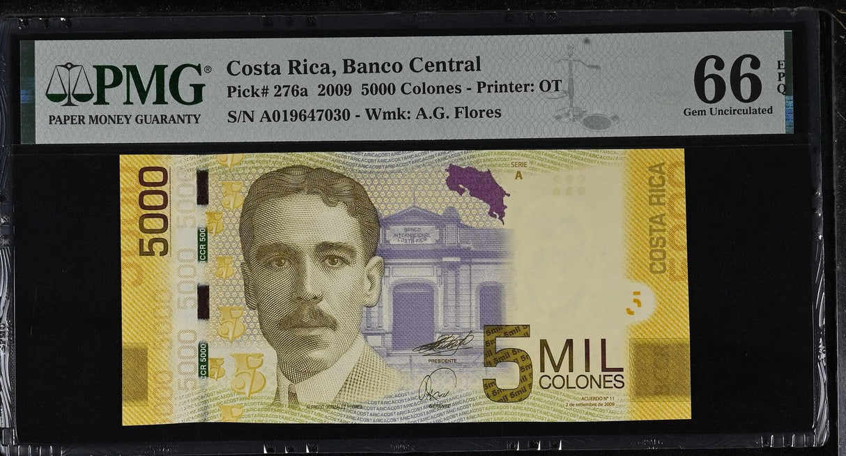 Costa Rica 5000 Colones 2009 P 276 a Gem UNC PMG 66 EPQ
