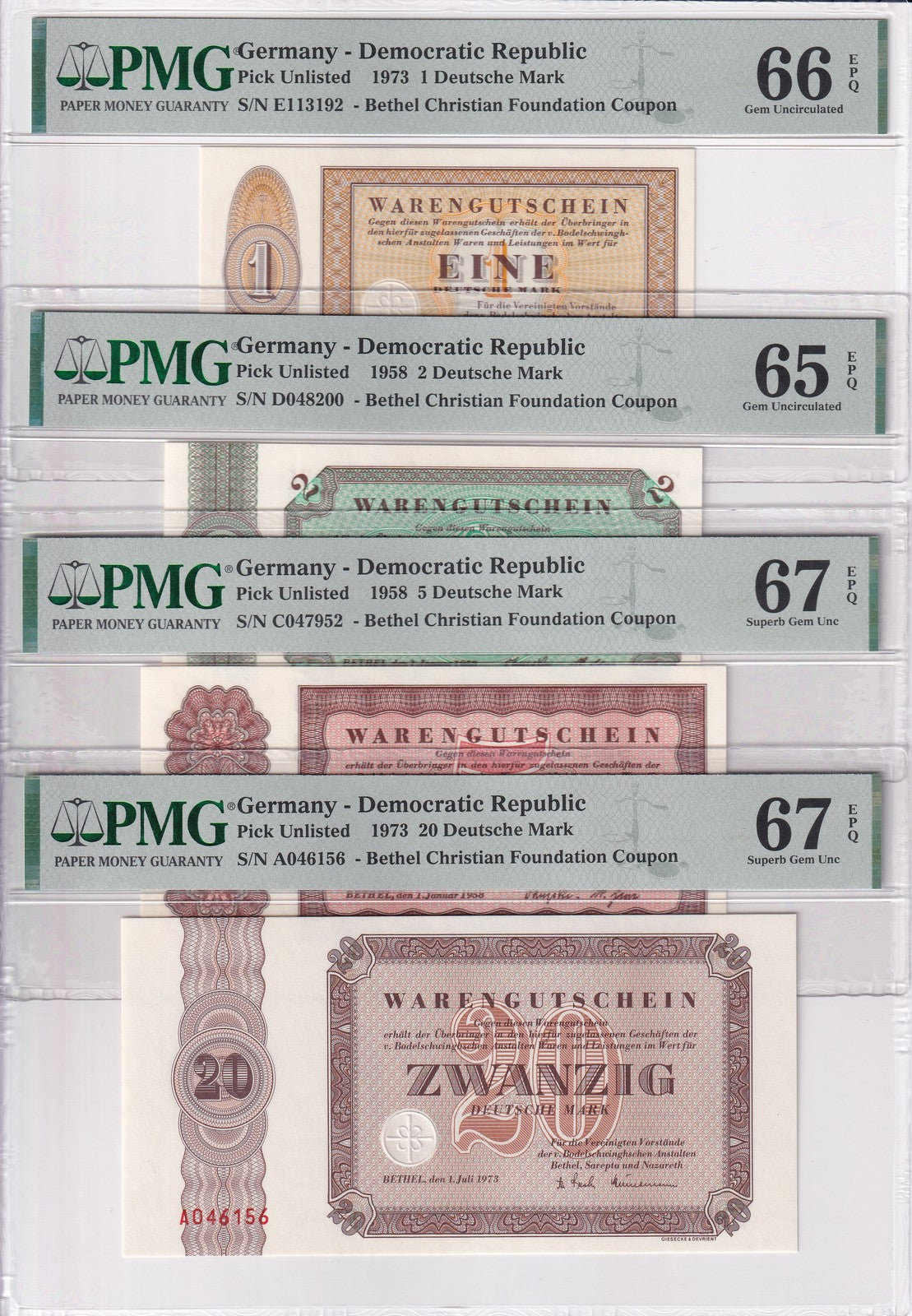 Germany Democratic SET 4;1 2 5 20 Mark 1958 1973 Coupon Gem UNC PMG 65 66 67 EPQ