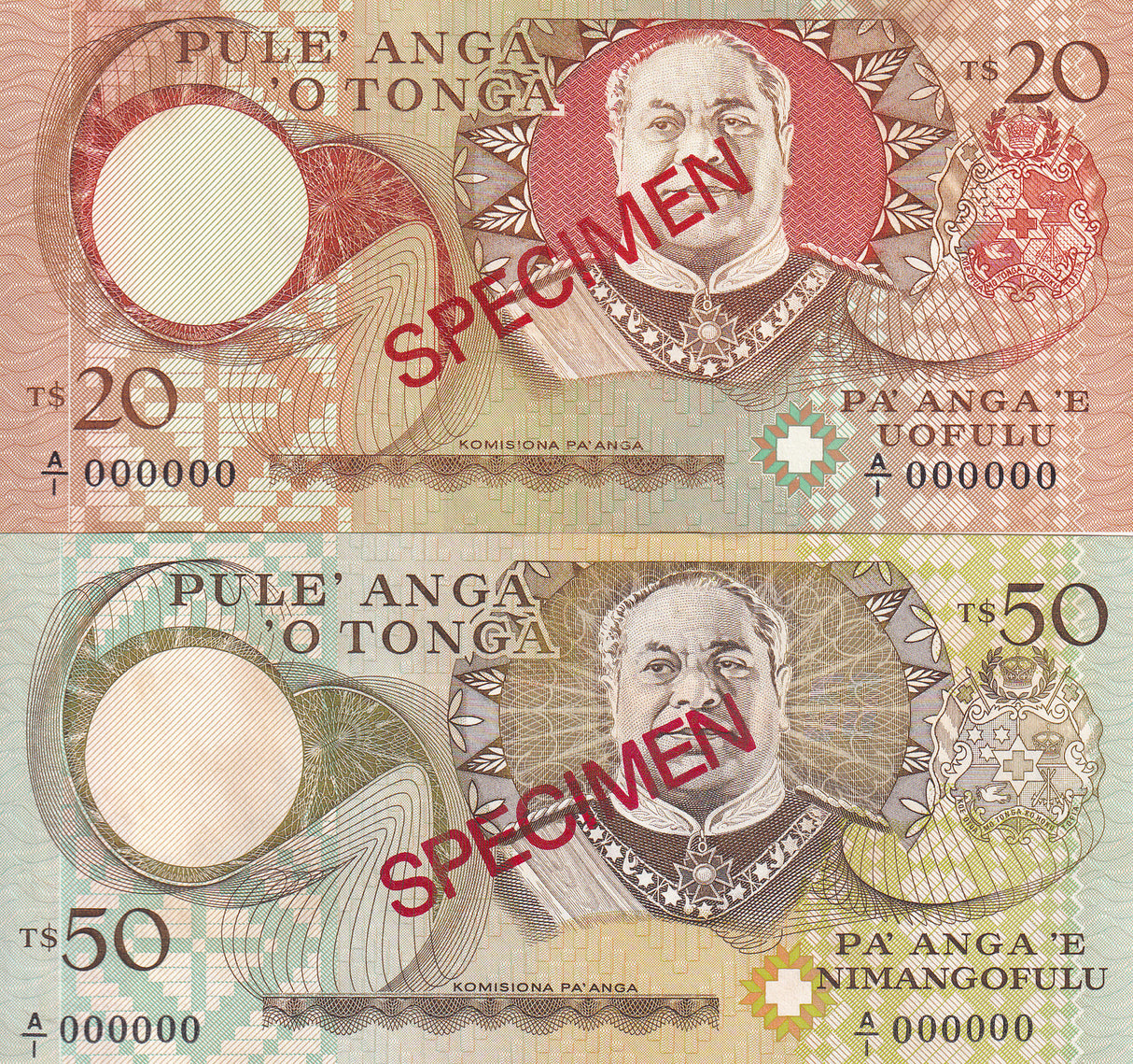 Tonga Set 2 UNC 20 50 Pa'anga ND 1985-1998 P 23 24 SPECIMEN UNC